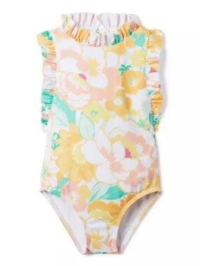 Janie and Jack Floral Ruffle One-Piece Swimsuit - Yellow, Pink, Green
